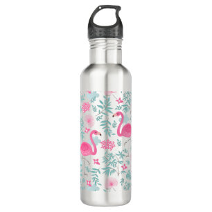 Bouteille D'eau En Acier Inoxydable Flamants roses roses mignons et fleurs tropicales