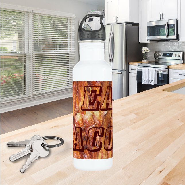 Bouteille D'eau En Acier Inoxydable Je mange du texte Bacon avec Arrière - plan (Zazzle I Eat Bacon Text with Background Water Bottle (Front))