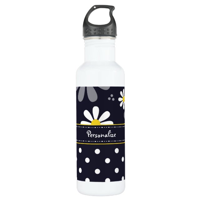 Bouteille D'eau En Acier Inoxydable Marguerites Girly et pois de mod avec le nom (Devant)