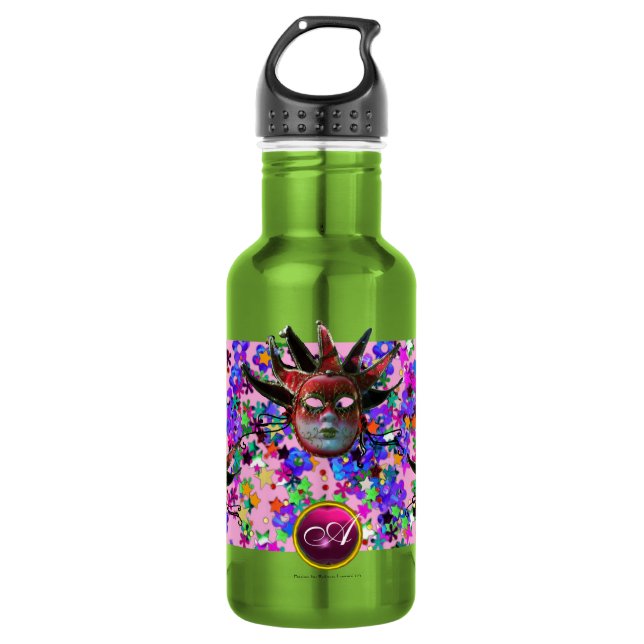 Bouteille D'eau En Acier Inoxydable MASQUE JESTER ROUGE NOIR, Monogramme de fête Masqu (Devant)