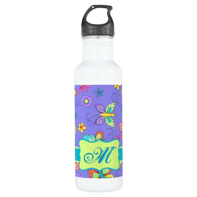 Bouteille D'eau En Acier Inoxydable Monogramme de papillon Whimsy moderne (Devant)