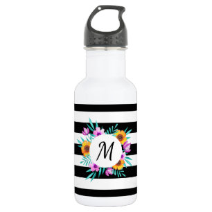 Bouteille D'eau En Acier Inoxydable Monogramme floral de guirlande d'aquarelle