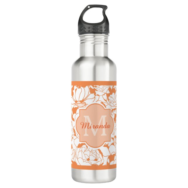 Bouteille D'eau En Acier Inoxydable Monogramme Floral Orange Moderne Avec Nom (Devant)