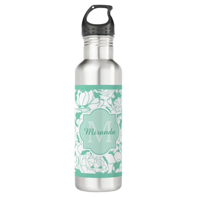 Bouteille D'eau En Acier Inoxydable Monogramme Floral Vert Mint Moderne Avec Nom (Devant)
