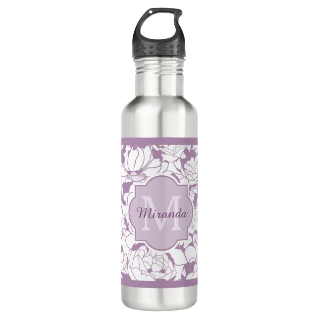 Bouteille D'eau En Acier Inoxydable Monogramme Girly floral pourpre moderne avec le (Devant)