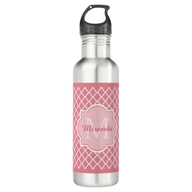 Bouteille D'eau En Acier Inoxydable Monogramme rose chic de Quatrefoil avec le nom (Devant)