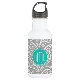 Bouteille D'eau En Acier Inoxydable Motif gris floral chic de Paisley et monogramme