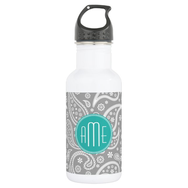Bouteille D'eau En Acier Inoxydable Motif gris floral chic de Paisley et monogramme (Devant)