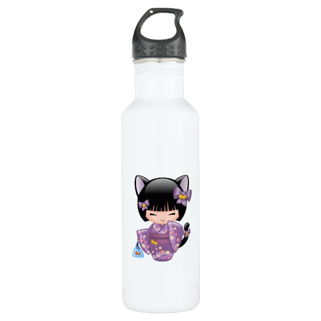 Bouteille D'eau En Acier Inoxydable Neko Kokeshi Poupée - Cat Ears Geisha Girl (Devant)