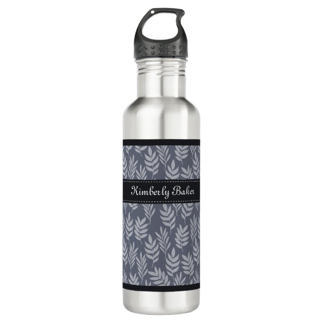 Bouteille D'eau En Acier Inoxydable Nom élégant Moderne Ardoise Gris Feuille Motif (Devant)