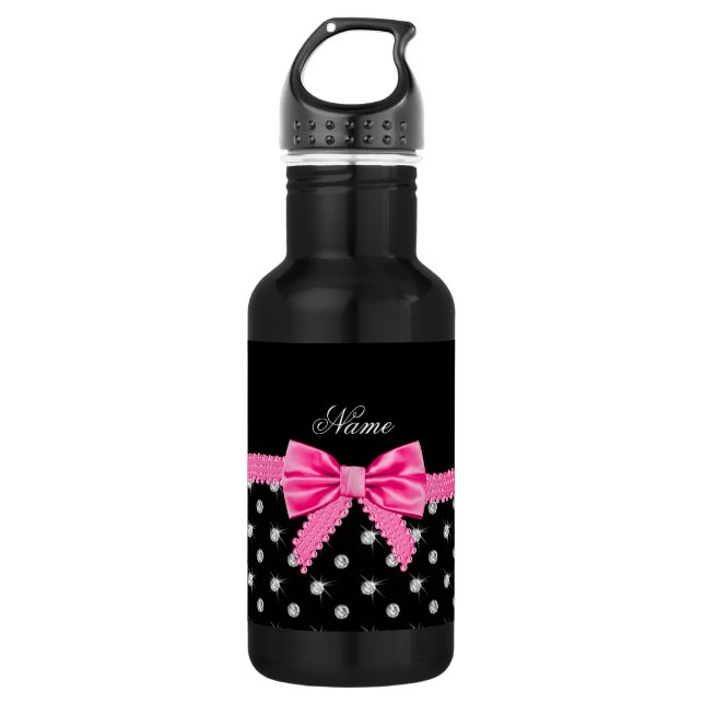 Bouteille D'eau En Acier Inoxydable Nom personnalisé noir diamant rose arc (Devant)