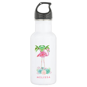 Bouteille D'eau En Acier Inoxydable Palmiers Flamants roses roses et succulents florau