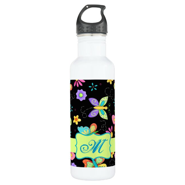 Bouteille D'eau En Acier Inoxydable Papillons Whimsy modernes sur Monogramme noir (Devant)