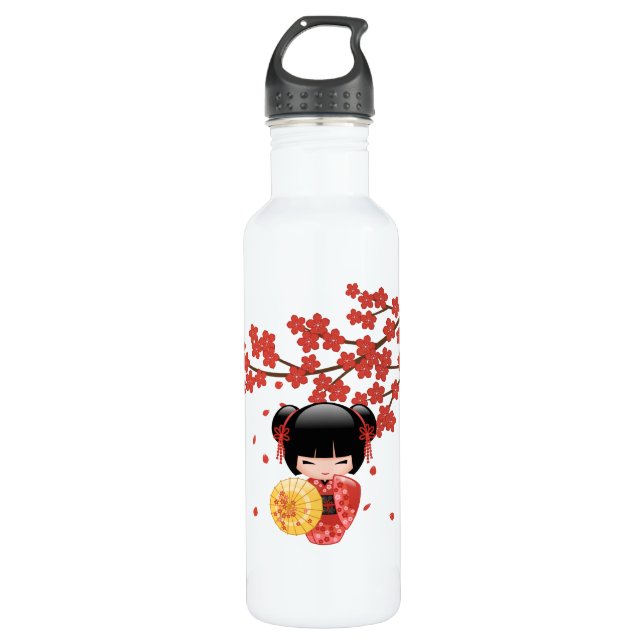Bouteille D'eau En Acier Inoxydable Poupée Rouge Sakura Kokeshi - Cute Japonaise Geish (Devant)