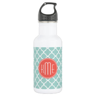 Bouteille D'eau En Acier Inoxydable Quatrefoil à la menthe et au corail avec monogramm