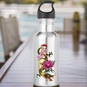 Bouteille D'eau En Acier Inoxydable Tatouage de dragon chinois vert gras lotus sarcell