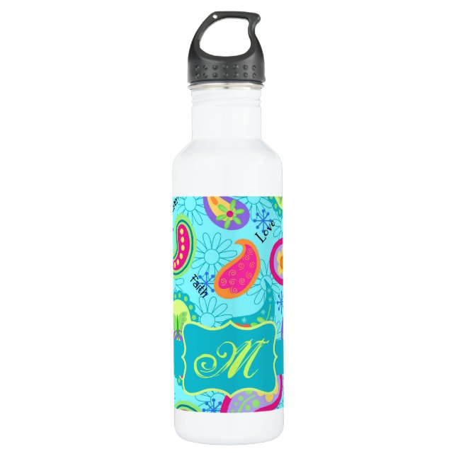 Bouteille D'eau En Acier Inoxydable Turquoise bleu moderne Motif Paisley Monogramme (Devant)