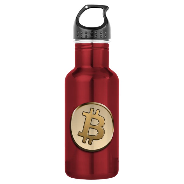 Bouteille d'eau en Bitcoin doré - ROUGE (Devant)