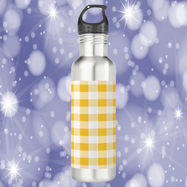 Bouteille D'eau en vichy Plaid Jaune et Blanc (A water bottle with a yellow and white gingham pattern)