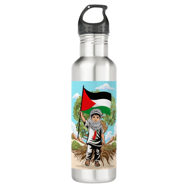Bouteille D'eau Enfant avec Keffiyeh Palestine Drapeau et olivier (Devant)