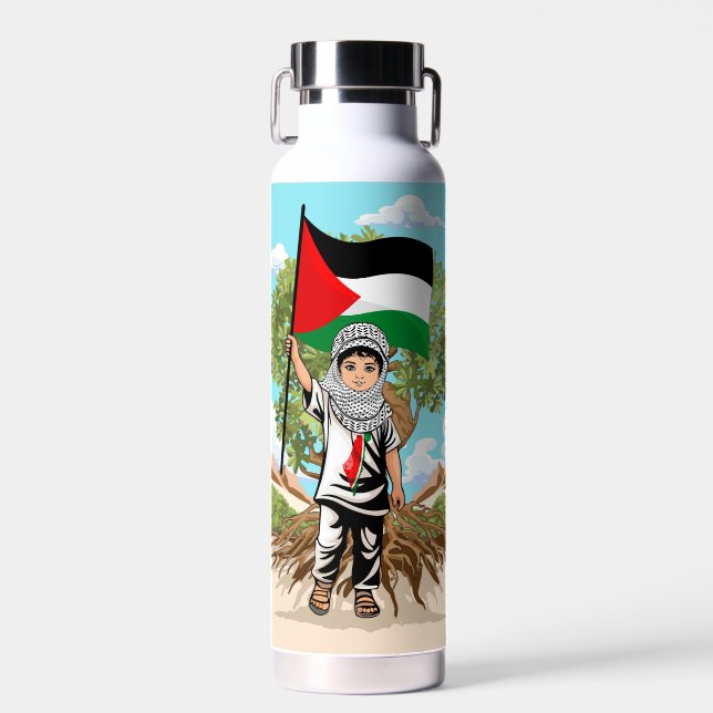 Bouteille D'eau Enfant avec Keffiyeh Palestine Drapeau et olivier (Avant)