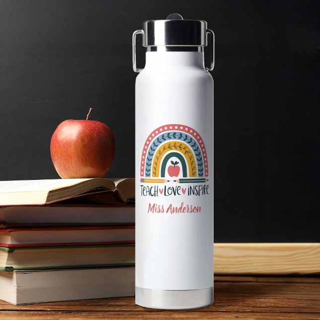 Bouteille D'eau Enseigner Amour Inspirer Arc-en-ciel Remerciement  (A cute boho rainbow teacher appreciation water bottle. Personalize it with your teachers name.)