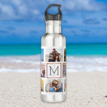 Bouteille D'eau Family Photo Collage Monogram<br><div class="desc">Cette bouteille d'eau est dotée d'un monogramme de bordure en or rose. Personnalisez-le avec vos photos de famille.</div>