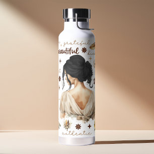 Bouteille D'eau Femme Aquarelle Avec Coiffure Noire Affirmation Bo