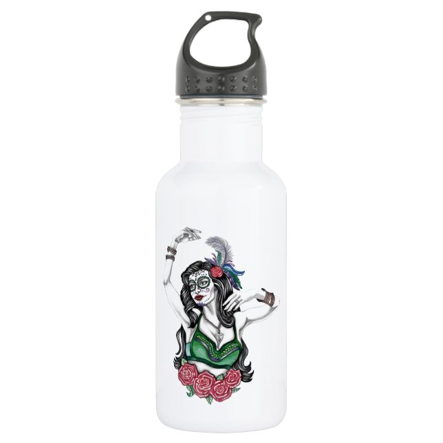 Bouteille D'eau Femme crâne de sucre avec Rose (Devant)