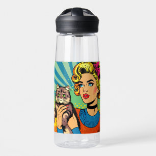 Bouteille D'eau Femme de l'art pop cartoonistique tenant un chat