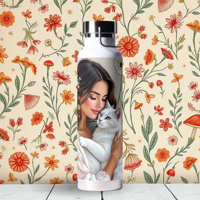 Bouteille D'eau Femme et chat blanc et pissenlits  (Créateur téléchargé)