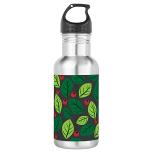 Bouteille D'eau Feuilles Vertes, Baies Rouges, Motif De Feuilles