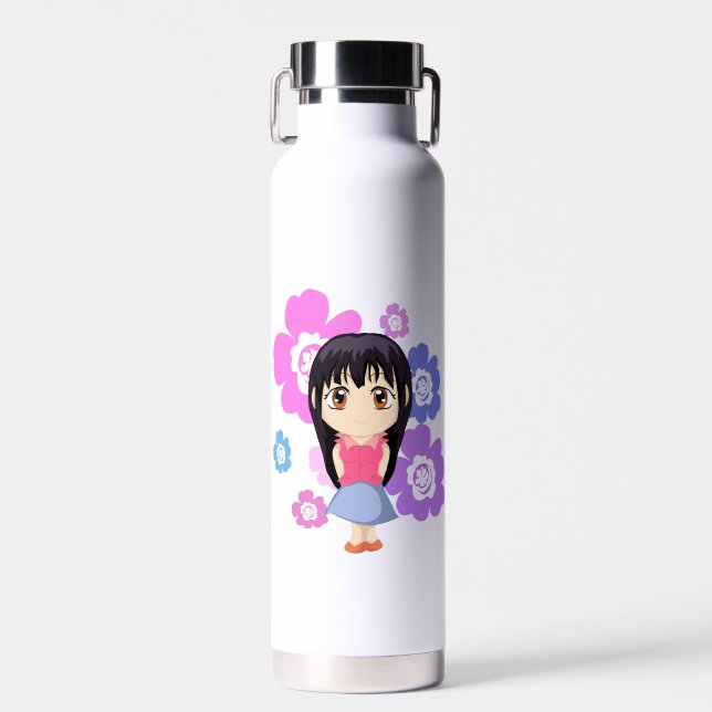 Bouteille D'eau Fille Chibi mignonne aux fleurs (Avant)