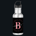 Bouteille D'eau Fille moderne noir rose Nom Script Monogramme<br><div class="desc">Fille, minimaliste, moderne, élégant, noir et rose monogramme nom initial script personnalisé bouteille d'eau monogrammée personnalisée. Doté d'une initiale monogramme et d'un script de signature de nom de poutre dans une police calligraphique manuscrite avec des queues d'échange et un cadre en cercle pointillé autour de votre monogramme. Un cadeau féminin...</div>