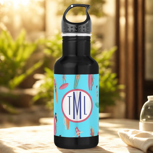 Bouteille D'eau Fille surfeuse à monogramme thème hawaïen (Créateur téléchargé)