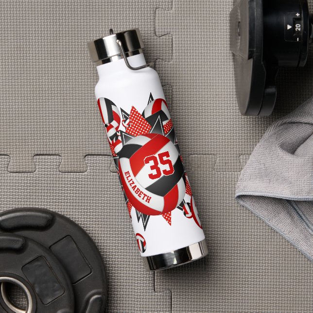 Bouteille D'eau filles équipe couleurs rouge noir volleyballs étoi (Avant)