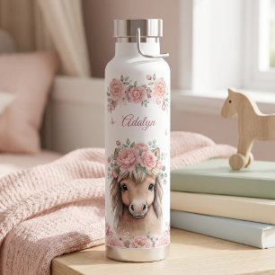 Bouteille D'eau Filles Mignon Rose Floral Cheval Nom Personnalisé