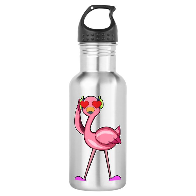 Bouteille D'eau Flamant rose avec casque & Coeurs (Devant)