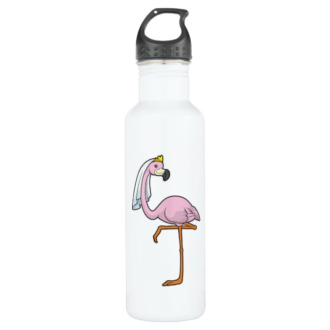 Bouteille D'eau Flamant rose comme Mariée au Mariage avec Voile (Devant)