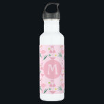 Bouteille D'eau Flamant rose fille mignonne et monogramme rose bik<br><div class="desc">Bouteille d'eau personnalisée rose et fillette avec flamant et motif bikini.</div>