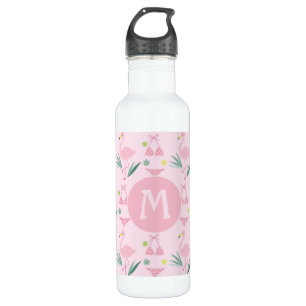 Bouteille D'eau Flamant rose fille mignonne et monogramme rose bik