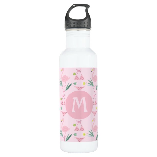 Bouteille D'eau Flamant rose fille mignonne et monogramme rose bik (Devant)