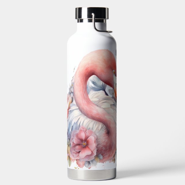 BOUTEILLE D'EAU FLAMANT ROSE OISEAU ET FLEURS À L'AQUARELLE (Droite)
