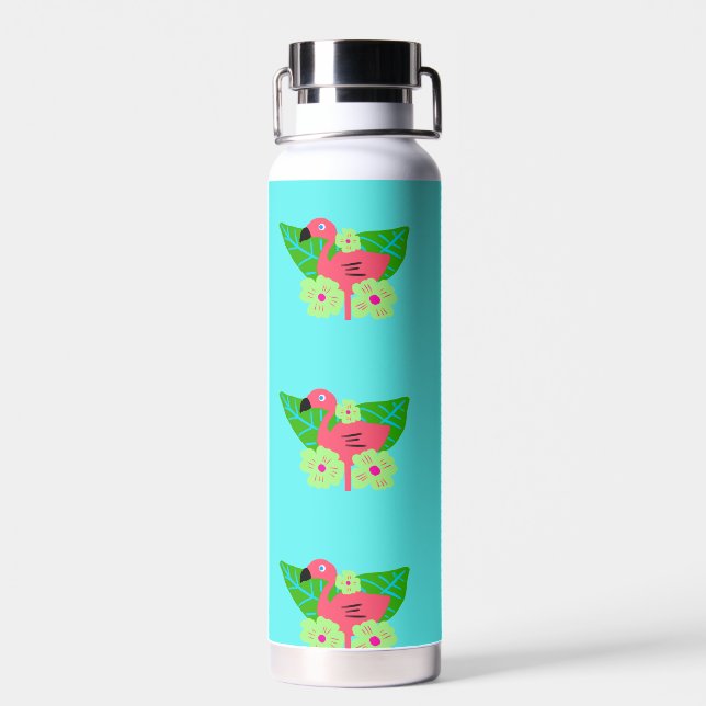 Bouteille D'eau Flamant rose tropical et fleurs (Arrière)