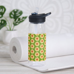 Bouteille D'eau Fleur Dahlia Jaune Motif sur Vert