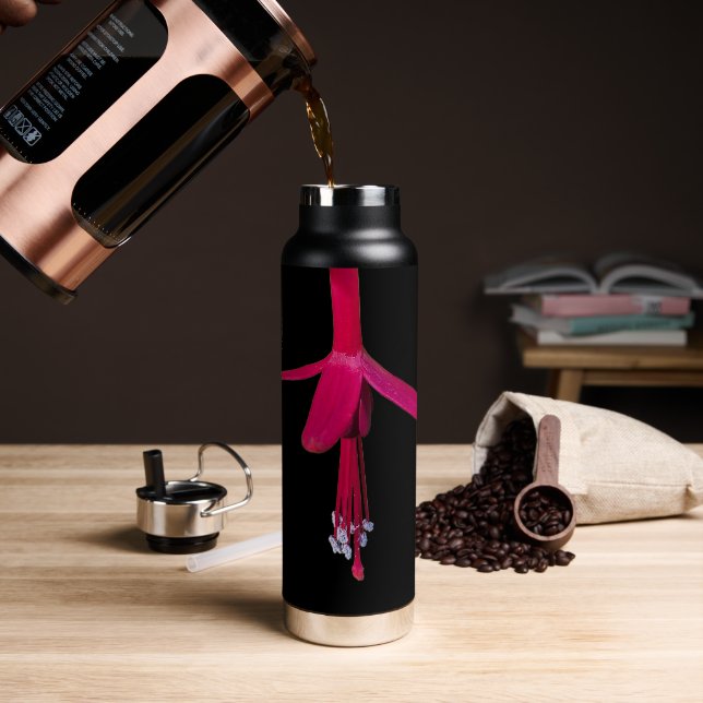 Bouteille D'eau Fleur de Fuchsia rose vif sur fond noir (Extérieur)