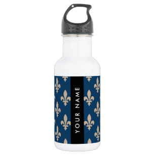 Bouteille D'eau Fleur de Lis, Beige sur Fond Bleu Marine, Royal, V