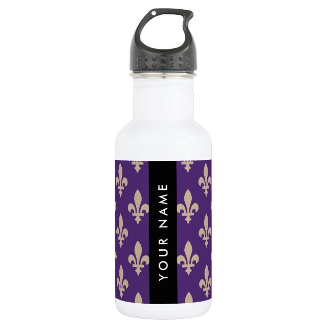 Bouteille D'eau Fleur de Lis, Beige sur Violet, Royal, Votre Nom (Devant)