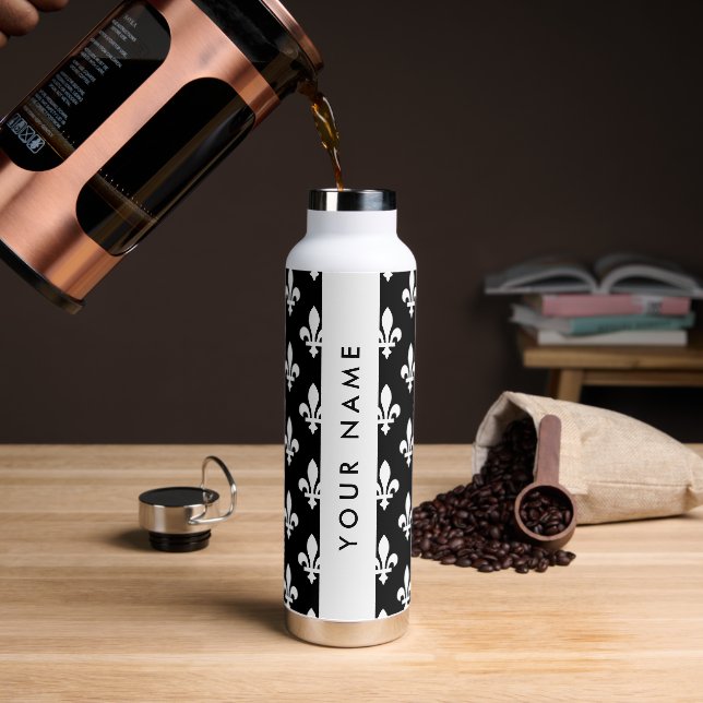 Bouteille D'eau Fleur de Lis, Blanc sur Noir, Blanc, Votre Nom (Gym)