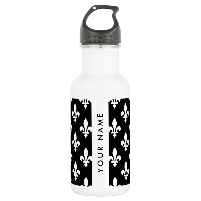 Bouteille D'eau Fleur de Lis, Blanc sur Noir, Blanc, Votre Nom (Devant)
